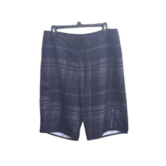 O'Neill Board Shorts Swim Trunks Black Plaid Sz 33 - Picture 1 of 8